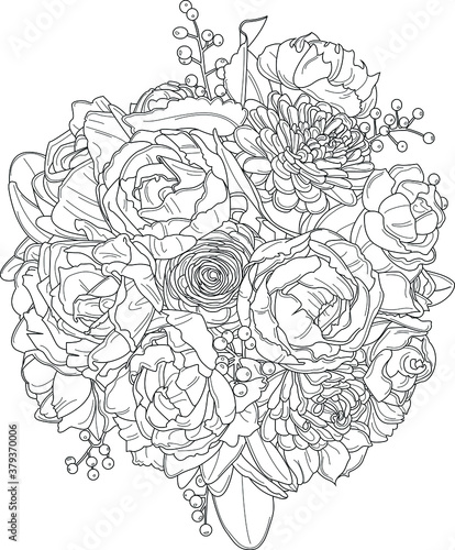 Realistic mix flower bouquet with roses, peony and leafs sketch template. Vector illustration in black and white for games, background, pattern, decor. Coloring paper, page, story book