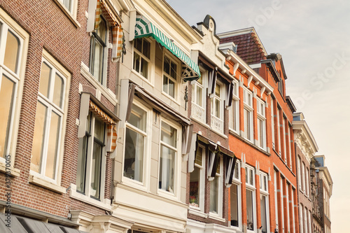 Row of ancient houses in the Dutch city center of Leiden