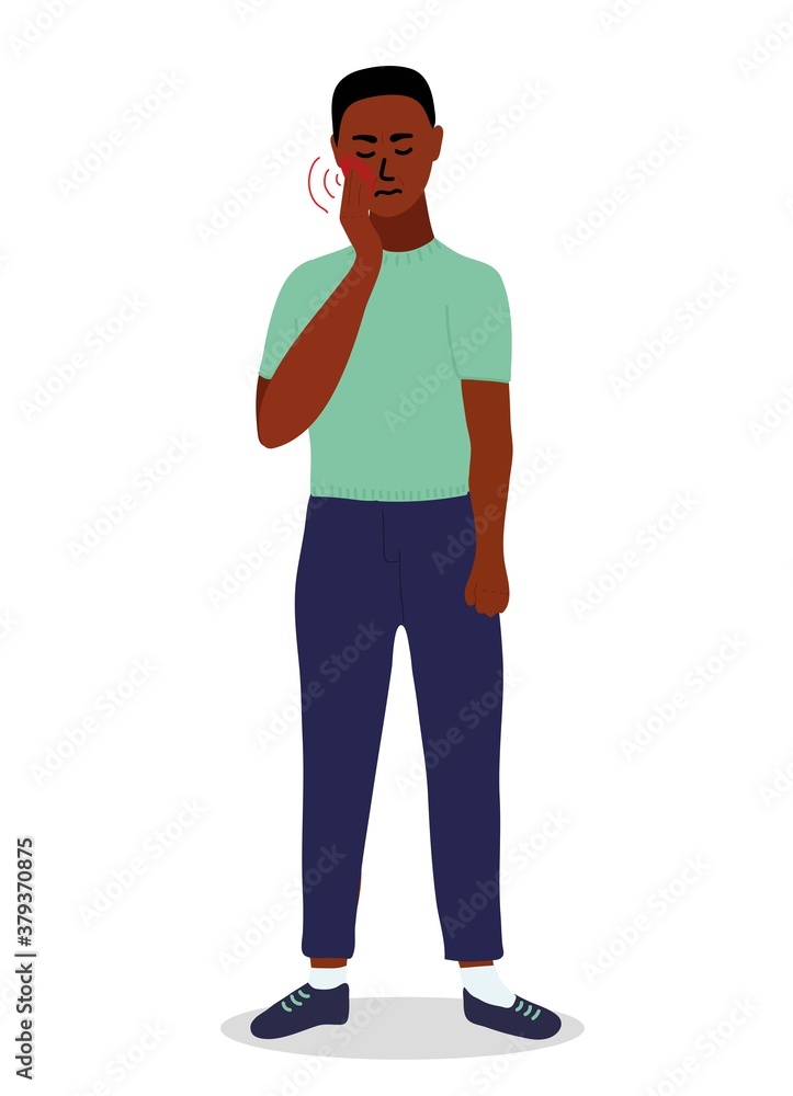 african man man feels a strong toothache. Holding her cheek. Bad tooth, dental abscess. Cartoon vector illustration. african man man feels a strong toothache. Holding her cheek. Bad tooth, dental abscess. Cartoon vector illustration.