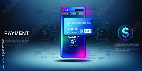 Electronic online payments and money transfers via smartphone. Contactless payment. Internet banking. Money transfers and online payment. Vector