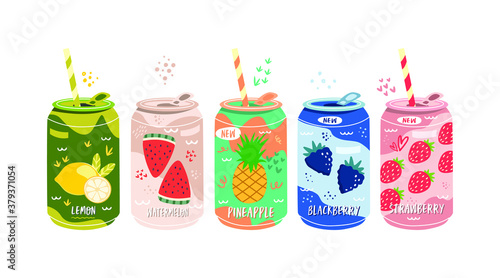 Flat illustration various tasty Sodas. Vector set of soft drinks in aluminum cans. Carbonated water with different fruit flavors. Trendy illustration on isolated white background