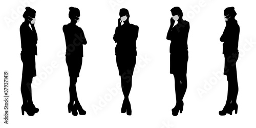 Vector concept conceptual  silhouette women working while social distancing as means of prevention and protection against coronavirus contamination. 