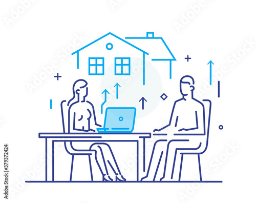 a man and a woman have a sum of money to support the house. Business development, milestones, start-up. linear illustration Icons infographics. Landing page site print poster. Line story