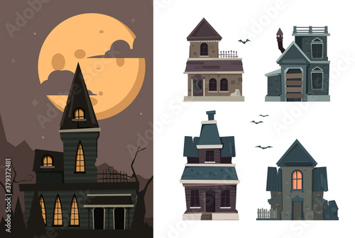 Scary houses. Spooky buildings outdoor village haunted horror constructions for halloween party vector flat pictures. Spooky and scary house for halloween illustration