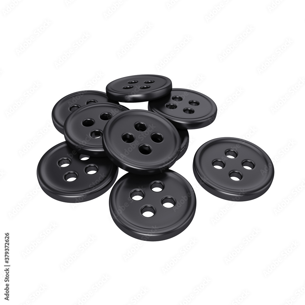 Buttons for clothing in black isolated on a white background, 3D render Buttons for clothing in black isolated on a white background, 3D render