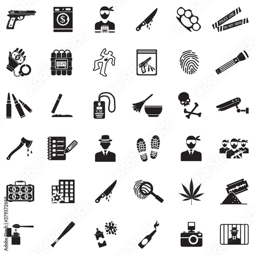 Crime Icons. Black Flat Design. Vector Illustration.