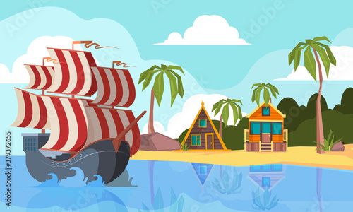 Pirate boat in ocean. Marine landscape with pirate vessel on waves near desert island vector cartoon background. Boat transportation to island with green palm and beach illustration