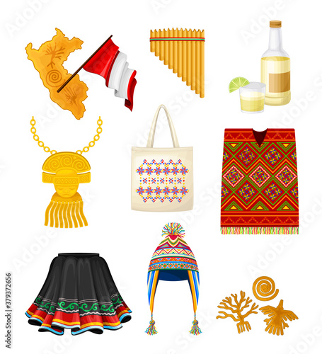 Peru Country Attributes with National Clothing and Beverage Vector Set