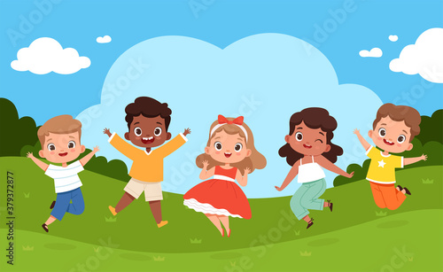 Jumping kids in playground. Sunny weather and playing happy group of children summer camping relax vector joyful holiday background. Summer kindergarten outdoor, playground park illustration