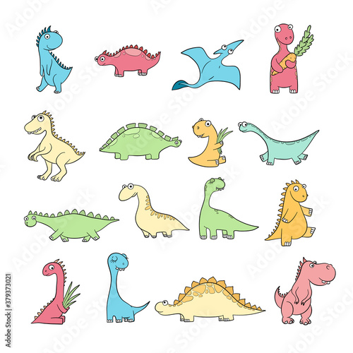 Cute dinosaurs. Set of funny wild ancient reptiles pterodactyl diplodocus vector doodle characters. Dino character, dinosaur triceratops and prehistory stegosaurus illustration