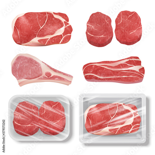 Realistic meat. Cow chicken pork steak grill food beef raw vector illustrations set. Beef steak raw, bbq bacon pork