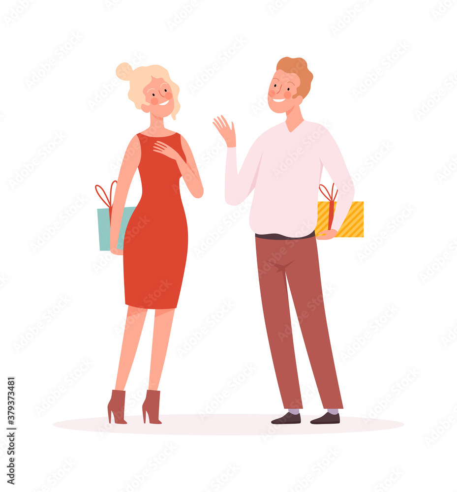 Couple with gifts. Surprise, man woman holding presents boxes. Christmas New Year or Valentine day festive, holiday time vector illustration. Couple with gifts, woman and man with surprise box Couple with gifts. Surprise, man woman holding presents boxes. Christmas New Year or Valentine day festive, holiday time vector illustration. Couple with gifts, woman and man with surprise box