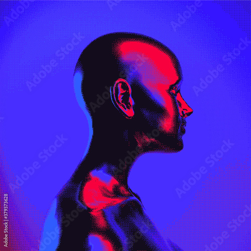 Artificial human made in pixel art style. Retrofuturistic cyberpunk aesthetics.