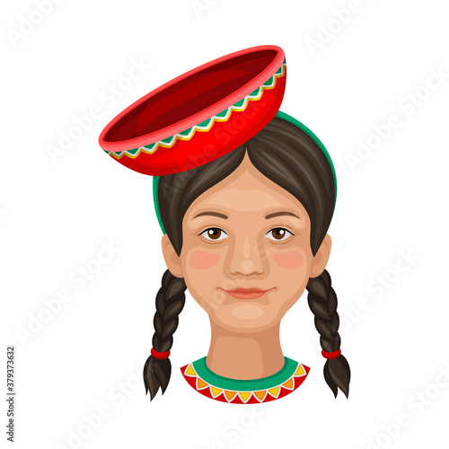 Peruvian Girl Head with Braids Wearing Ethnic Hat Vector Illustration