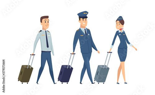 Plane team. Isolated pilot, navigator and stewardess with suitcases. Happy airplane staff going to board vector illustration. Flight aviation team, captain commanding attendants