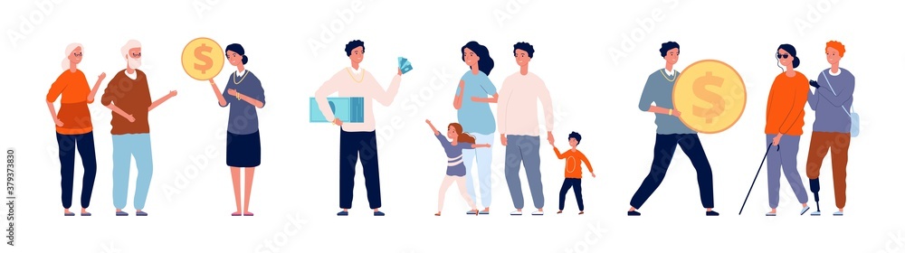 Financial help. Rich people help socially disadvantaged. Volunteering donations to families many children, disabled and elderly vector set. Donate coin and cash, giving support and help illustration - obrazy, fototapety, plakaty 