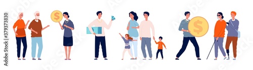 Financial help. Rich people help socially disadvantaged. Volunteering donations to families many children, disabled and elderly vector set. Donate coin and cash, giving support and help illustration