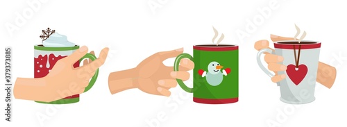 Hands with mugs. Christmas drinks, isolated arms holding cups with cocoa latte coffee vector illustration. Mug drink coffee, hot cappuccino morning