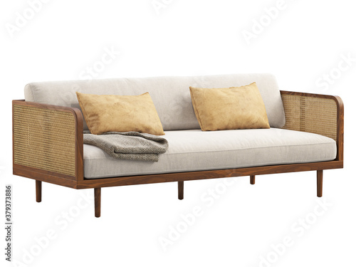 Mid-century wooden sofa with wicker cane base. 3d render. photo