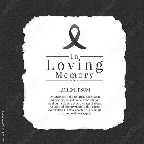In loving memory text and black ribbon sign in White paper tear on abstract black rose texture background vector design