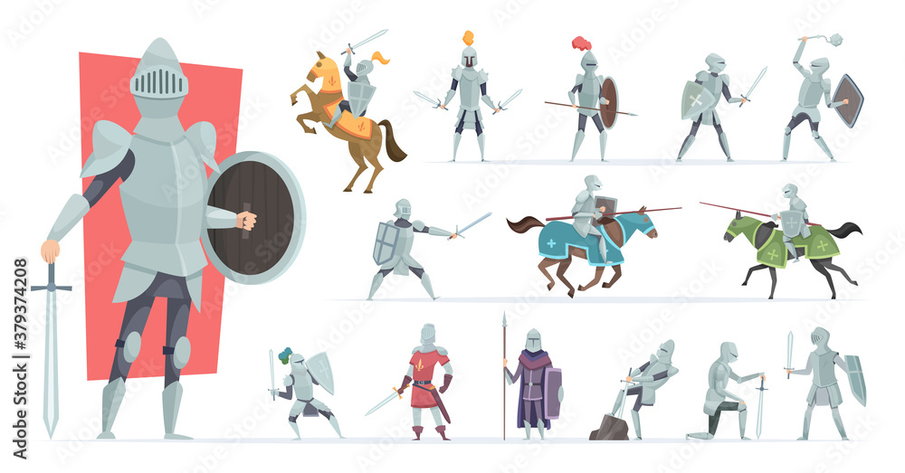 Knights. Medieval warriors in action poses armored knights vector characters in cartoon style. Medieval knight in armor, soldier in helmet, military chivalry - obrazy, fototapety, plakaty 