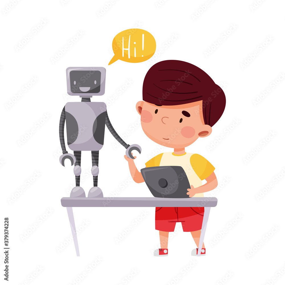 Cute Boy Standing with Tablet PC and Configurating Robot Vector Illustration