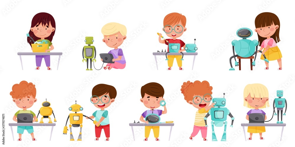 Little Children Engineering and Creating Robots Vector Illustrations Set Little Children Engineering and Creating Robots Vector Illustrations Set