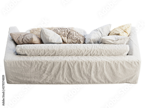 Scandinavian three-seat white fabric upholstery sofa with pillows and pelts. 3d render.