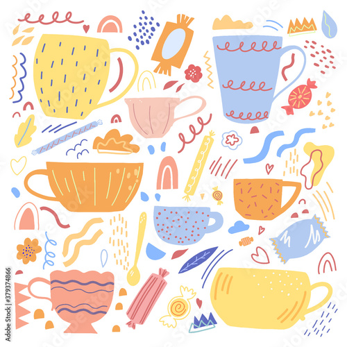 Cute cups and mugs flat hand drawn vector illustration. Colorful collection in abstract, scandinavian style. Cozy kitchen simple elements set for design, prints, decoration, card, stickers, banner.