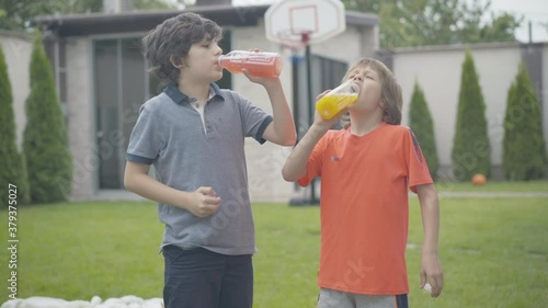 Two happy Caucasian boys drinking healthful refreshing juice outdoors. Portrait of siblings or friends enjoying tasty colorful drink at home. Healthy eating and lifestyle.