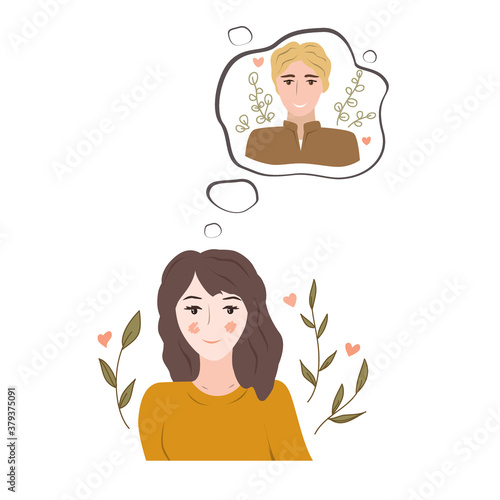 Pretty young girl in love thinking on the boy of her dreams. Cartoon vector illustration