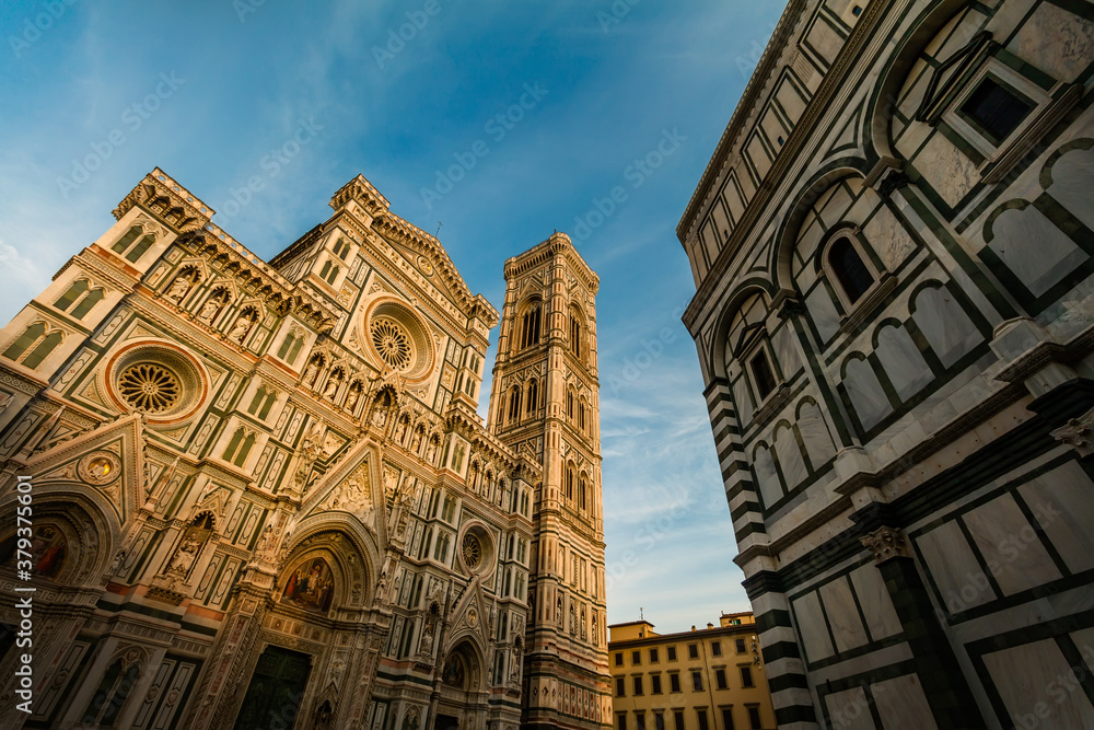 Florence Cathedral under Golden Sunset with Blue Sky, Italy