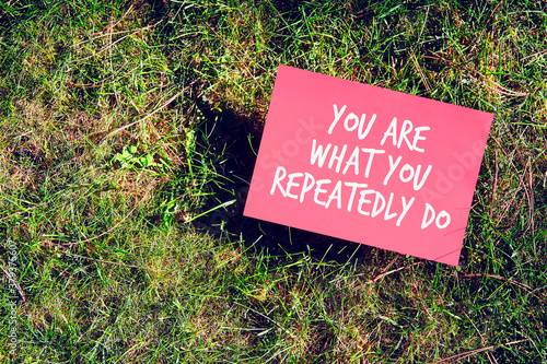 You are what you repeatedly do quote written on paper on grass background.