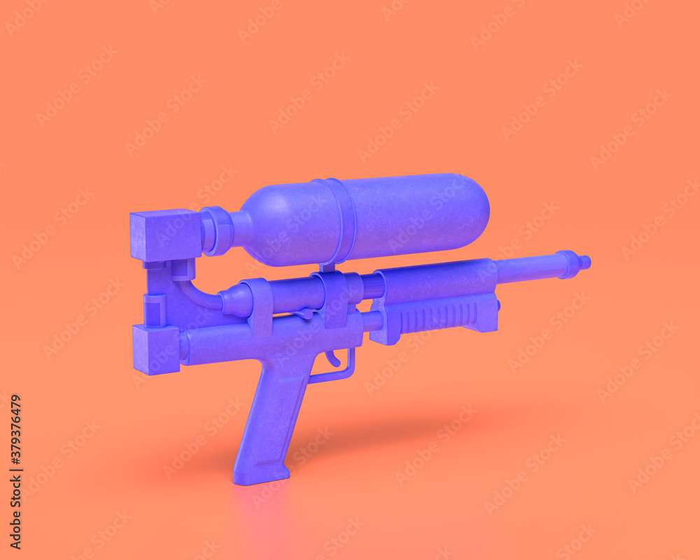 Plastic Squirt Gun Toy, indigo blue hunting and adventure water gun on pinkish orange background, 3d rendering Plastic Squirt Gun Toy, indigo blue hunting and adventure water gun on pinkish orange background, 3d rendering
