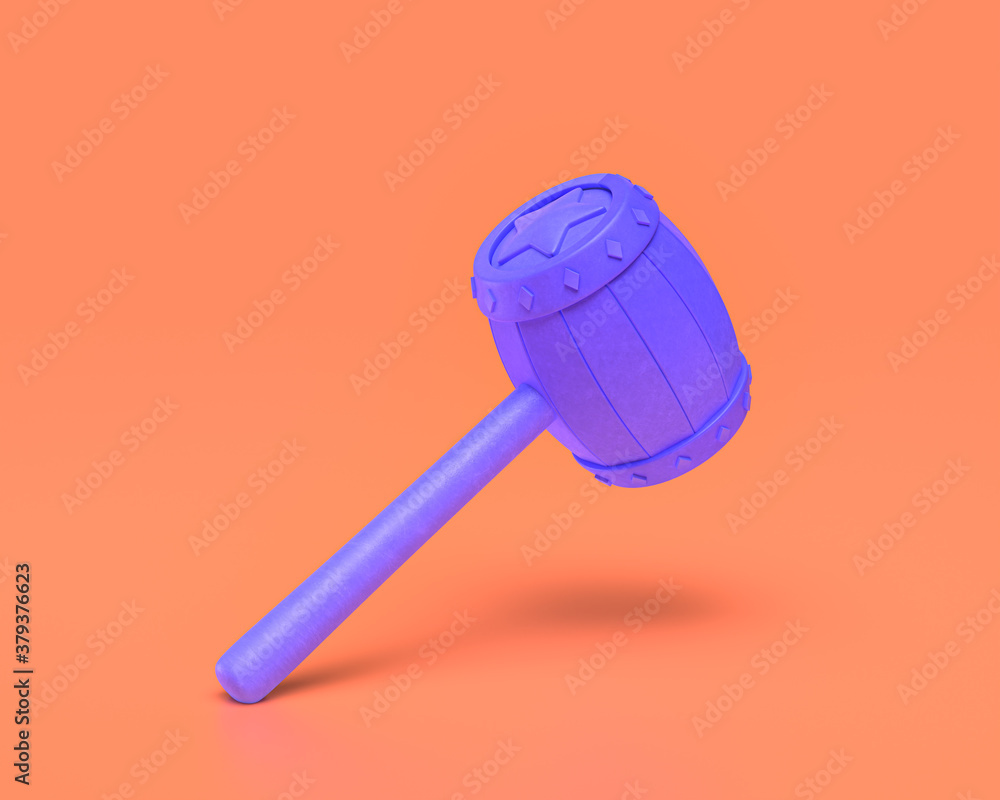Plastic Toy King and god hammer, indigo blue hunting and adventure Weapon on pinkish orange background, 3d rendering Plastic Toy King and god hammer, indigo blue hunting and adventure Weapon on pinkish orange background, 3d rendering