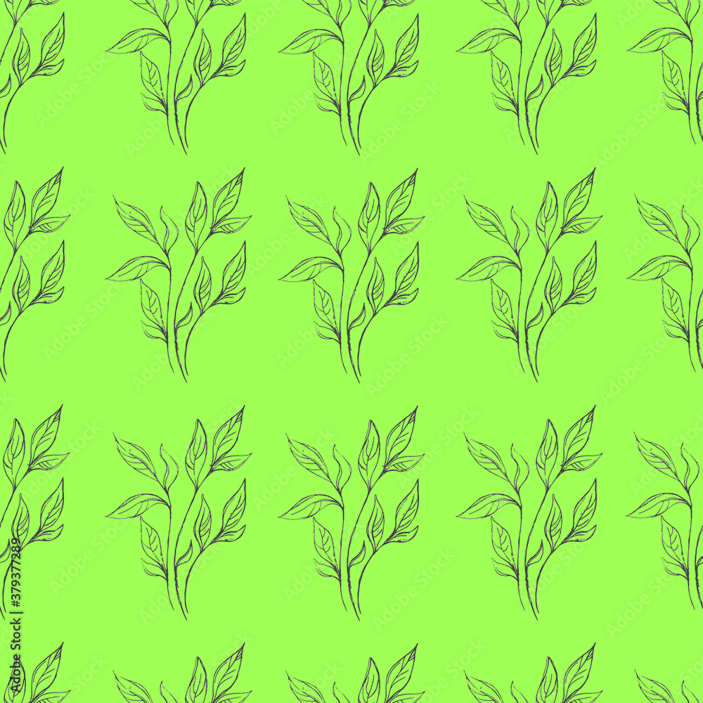 Cartoon plant leaf seamless pattern template. Vector illustration on bright green background for games, background, pattern, decor. Print for fabrics and other surfaces. Coloring paper, page, book Cartoon plant leaf seamless pattern template. Vector illustration on bright green background for games, background, pattern, decor. Print for fabrics and other surfaces. Coloring paper, page, book