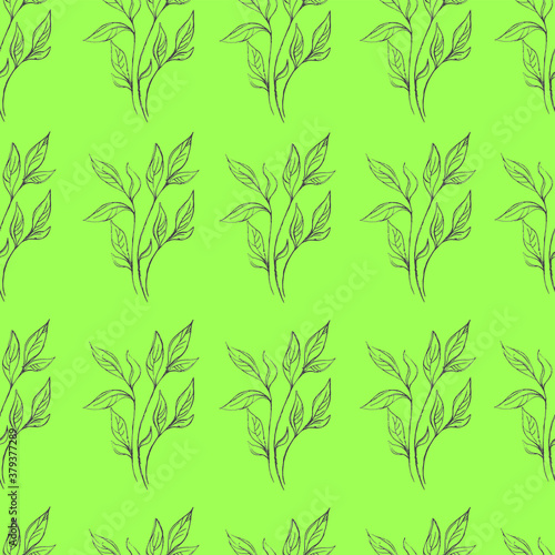 Cartoon plant leaf seamless pattern template. Vector illustration on bright green background for games  background  pattern  decor. Print for fabrics and other surfaces. Coloring paper  page  book