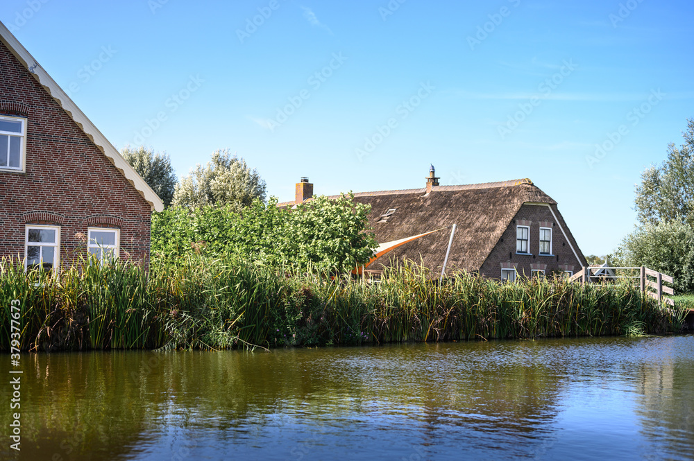 Typical old Dutch farms in the green heart of the Netherlands behind a dike. Typical old Dutch farms in the green heart of the Netherlands behind a dike.