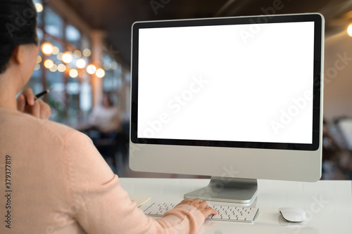 Obraz na płótnie using laptop computer with blank screen monitor computer.