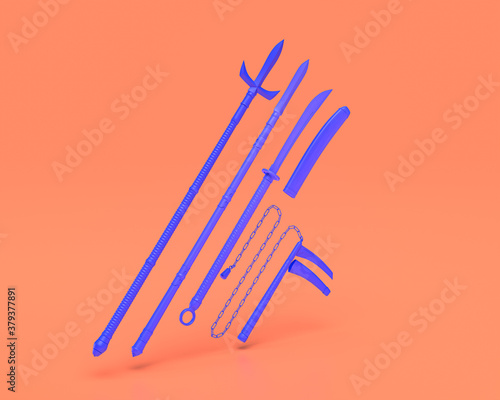 Plastic Weapon series, Japanese traditional weapons, Indigo blue arm in pinkish background, 3d rendering, war, battle and self protection, first person shooter game item