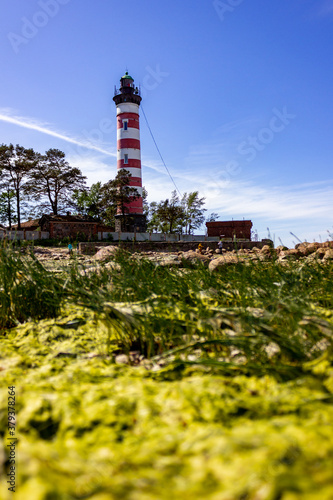 St. Petersburg  Kronshtat. Gulf of Finland in the spring. Lighthouse on the island.
