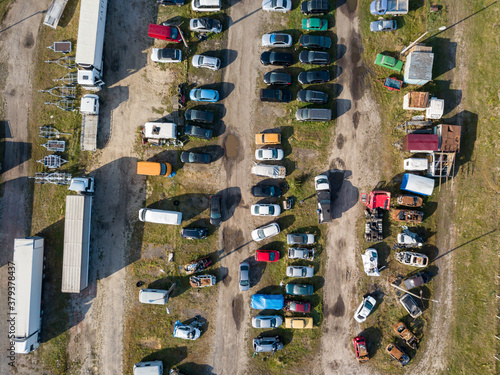 Car parking. Aerial drone top view.