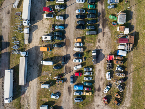 Car parking. Aerial drone top view.