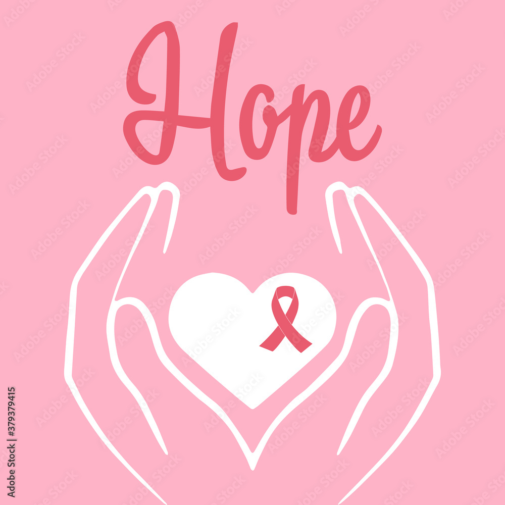 Concept of healthcare and medicine. Pink breast cancer awareness ribbon illustration.Women's hands hold a heart with a pink ribbon to raise awareness of breast cancer. Concept of healthcare and medicine. Pink breast cancer awareness ribbon illustration.Women's hands hold a heart with a pink ribbon to raise awareness of breast cancer.