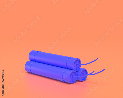 Plastic Weapon series, dynamite, Indigo blue arm in pinkish background, 3d rendering, war, battle and self protection, first person shooter game item