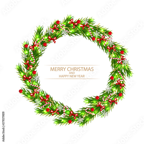 Wreath with christmas tree, vector art illustration.