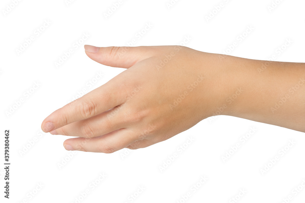 Beautiful female hand with greeting gesture isolated on white background Beautiful female hand with greeting gesture isolated on white background