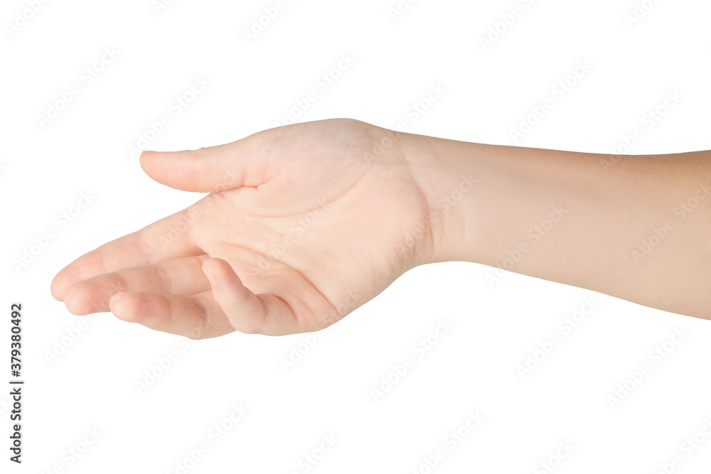 Beautiful female hand with open palm isolated on white background Beautiful female hand with open palm isolated on white background
