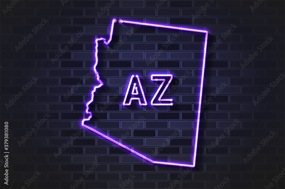 Arizona map glowing neon lamp or glass tube on a black brick wall