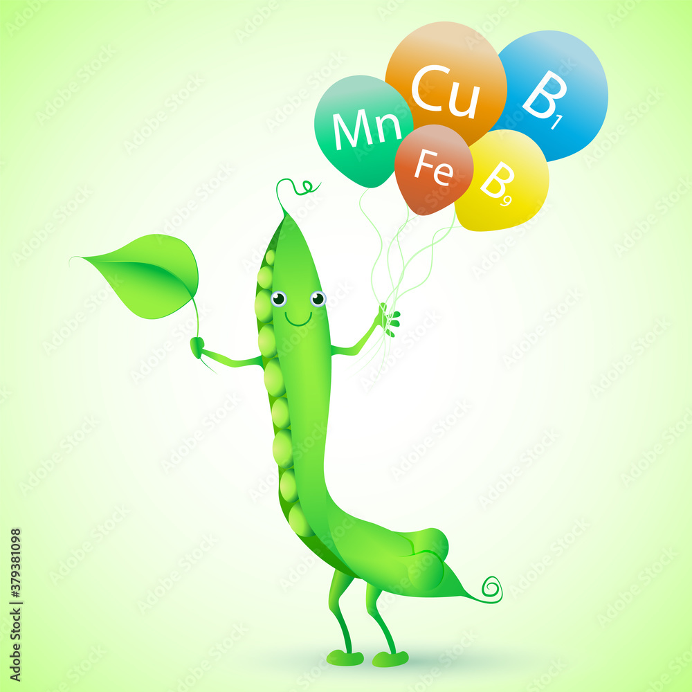 Obraz premium Pea pod cartoon character isolated on white background. Vitamins and minerals in legumes. Vector illustration for healthy vegetarian food design